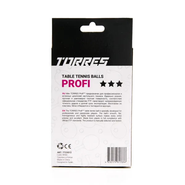 Мяч для наст. тенниса TORRES Profi 3*, TT23012, диам. 40+мм, упак. 6 шт, белый за 338.30 ₽ в о Набережных Челнах